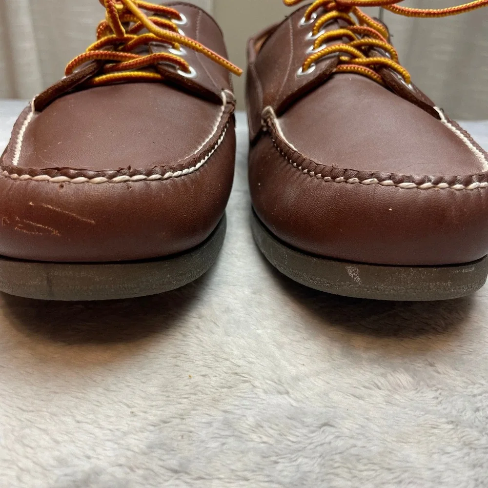 LL Bean Mens Blucher Moccasin Boat Shoes Sz 14 Brown Leather Hand Sewn 137102